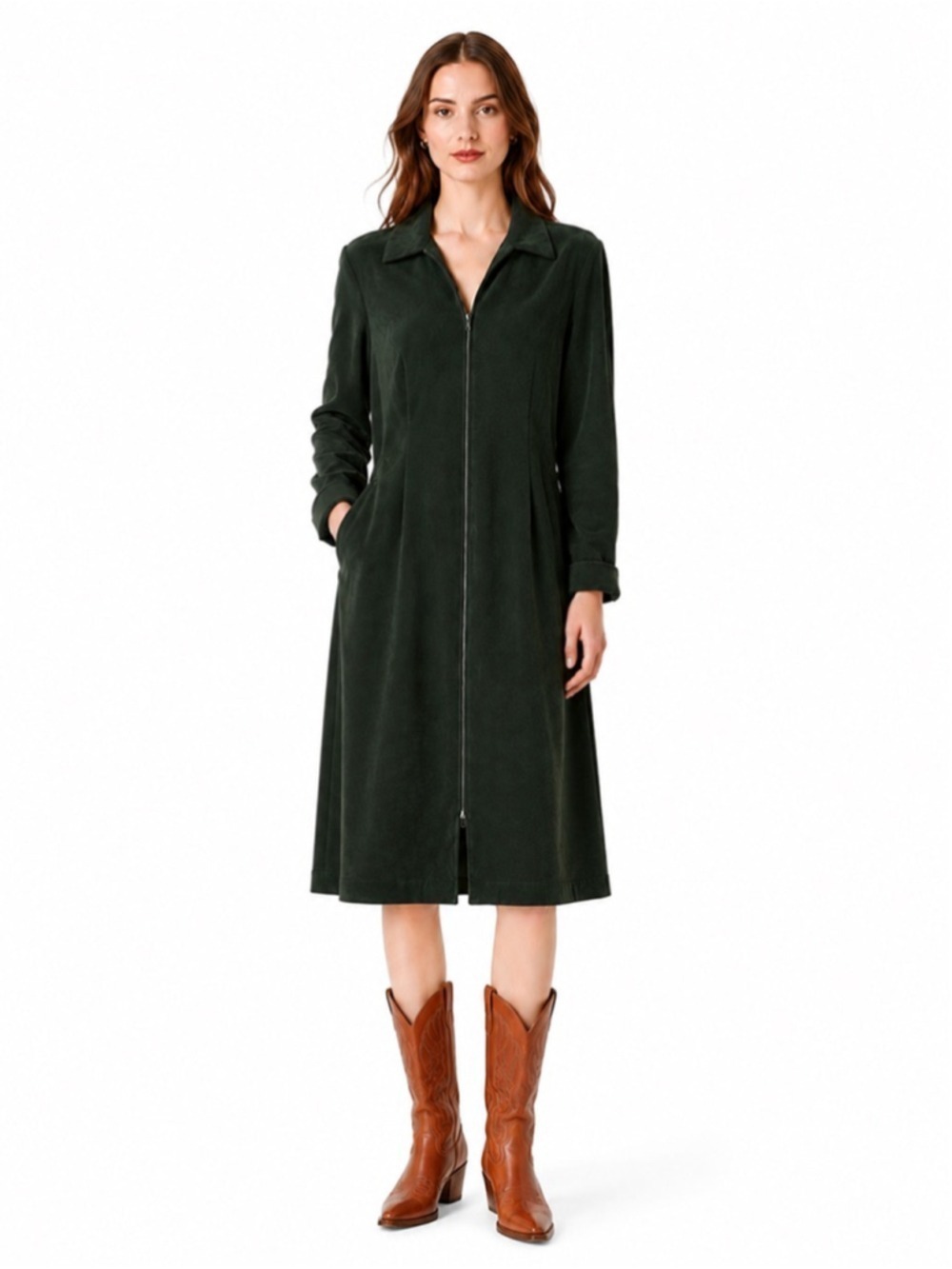 VINTAGE Midi Dress Forest Green Zip Up Long Sleeve Shirt Dress - Algo, Size 14